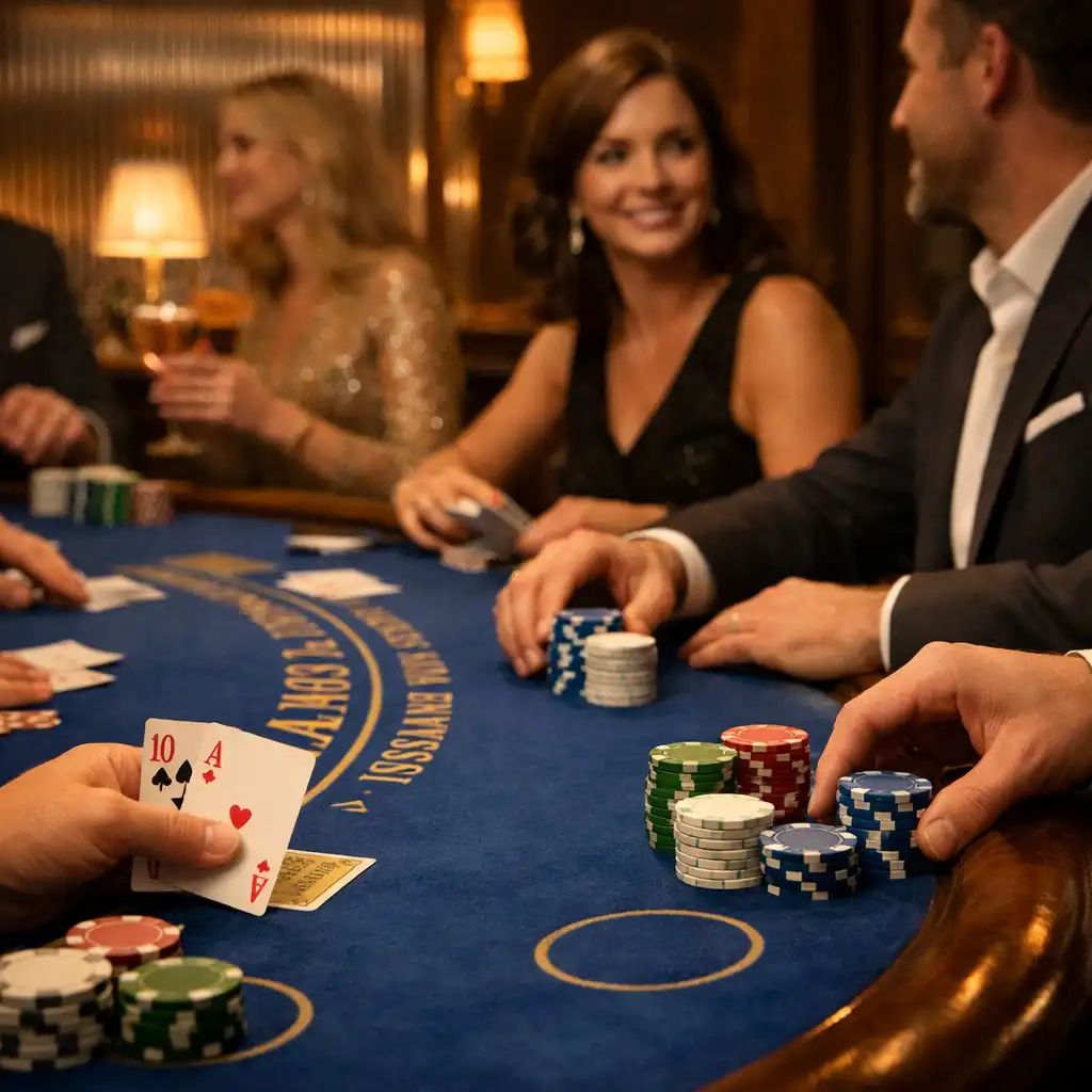 Gäste in geselliger Runde an einem Blackjack-Tisch