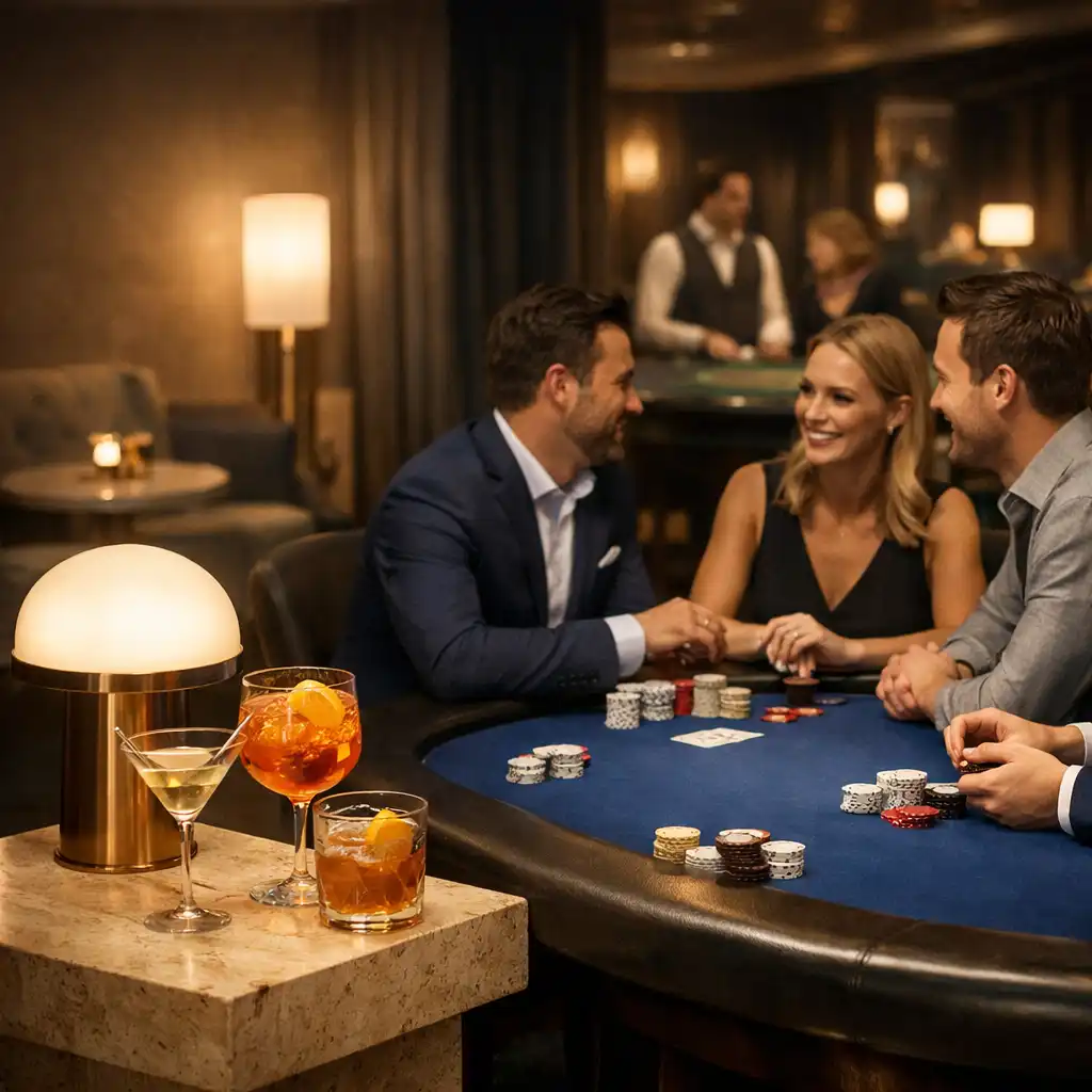 Gäste in einer warm beleuchteten Casino Lounge mit Pokertisch und Roulette-Rad