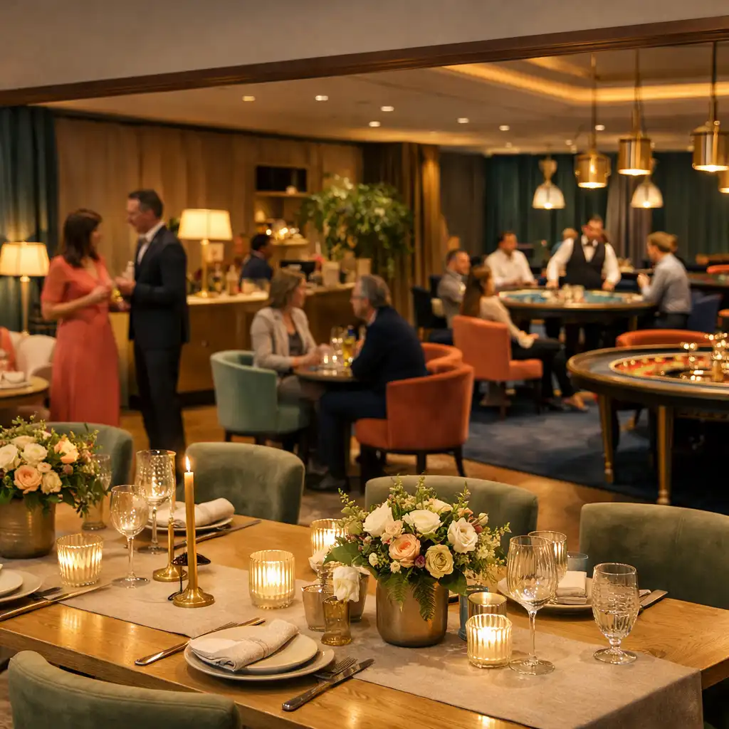 Abendliche Eventlocation mit gedeckten Tischen, Cocktailbereich und Casino Lounge