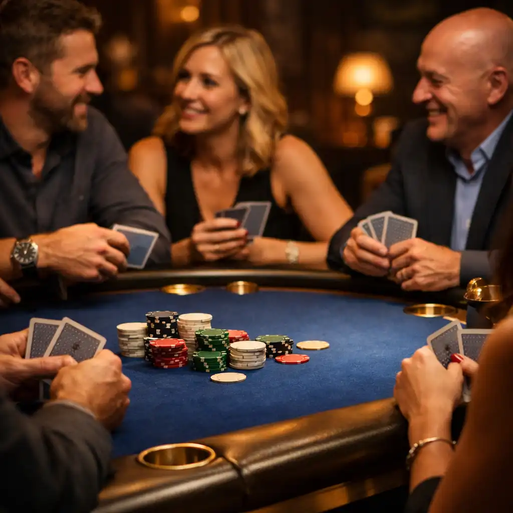 Gäste im Gespräch an einem eleganten Pokertisch mit blauem Filz