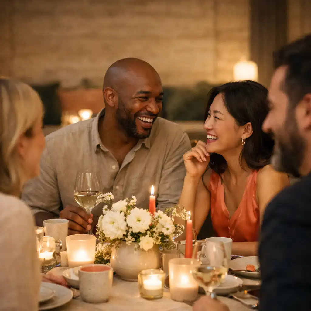 Gäste an einem elegant gedeckten Dinner-Tisch bei einer privaten Feier