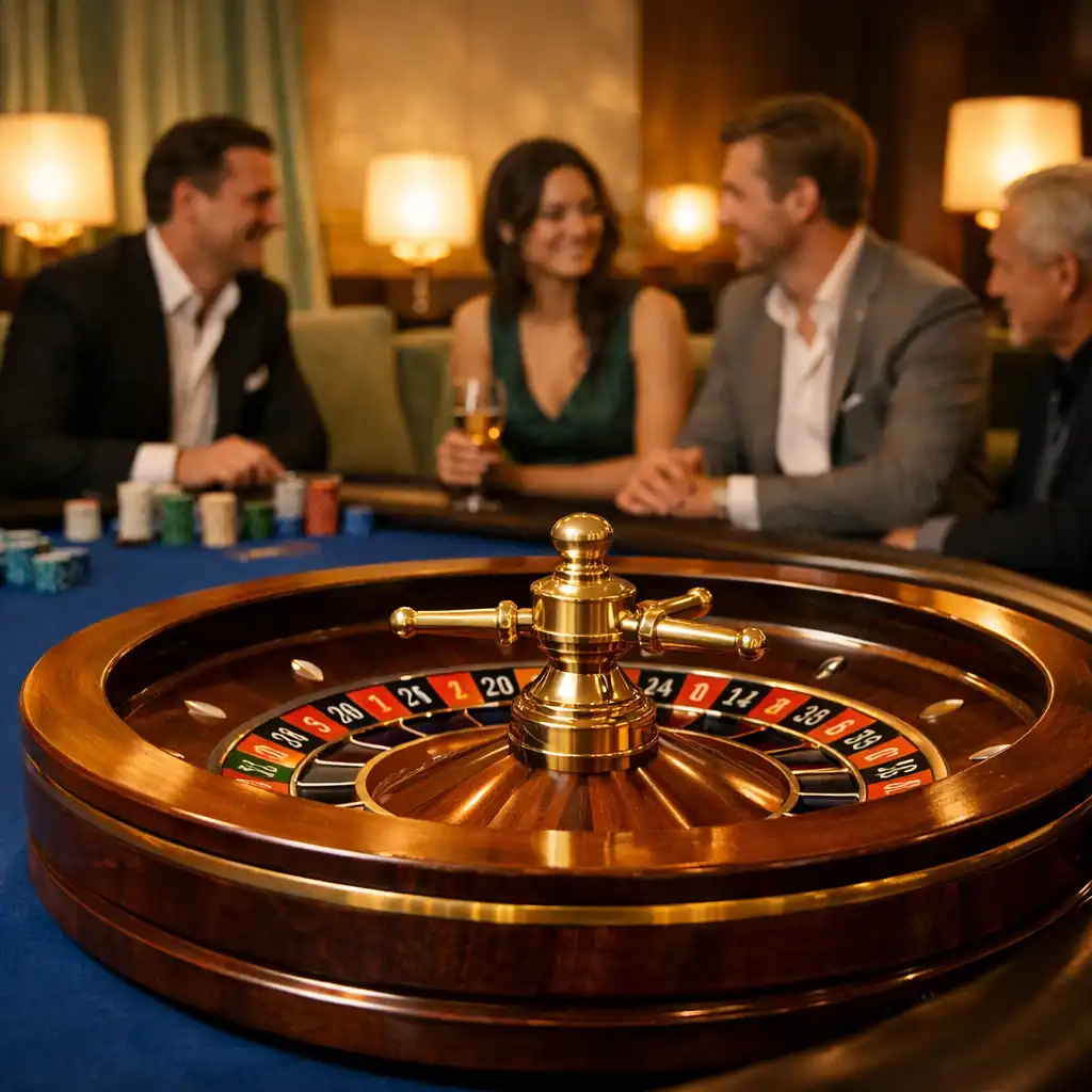 Roulette-Rad in einer eleganten Lounge mit Gästen im Hintergrund