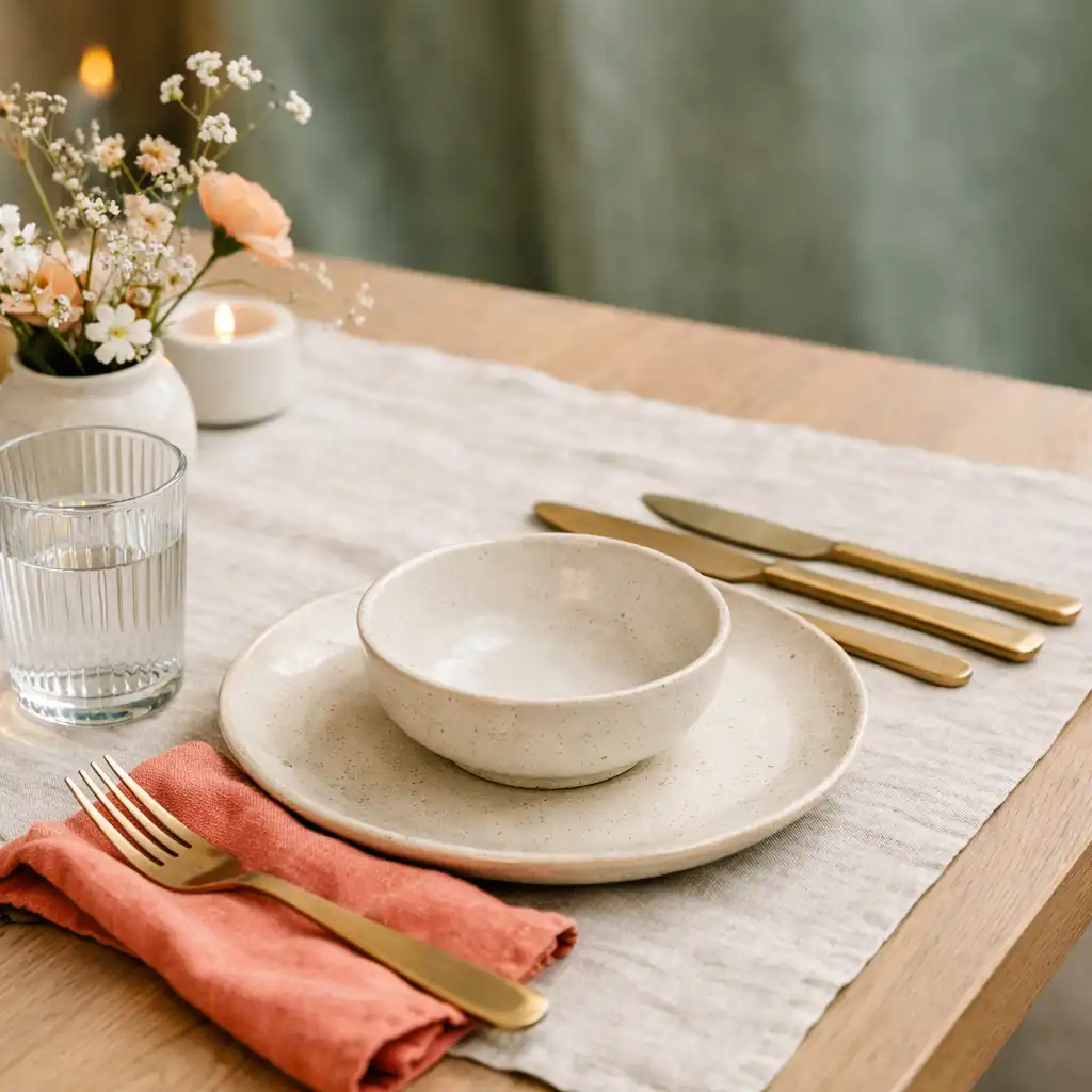Detail eines gedeckten Eventtisches mit Leinen, Keramik, Glas und Blumen