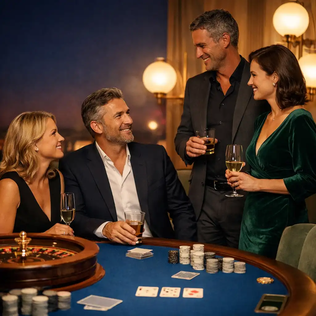 Gäste im Gespräch an einem Roulette- und Pokertisch in einer eleganten Casino-Lounge