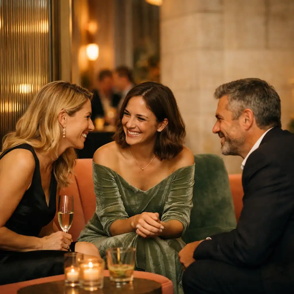 Drei Gäste im entspannten Gespräch in einer warm beleuchteten Eventlounge