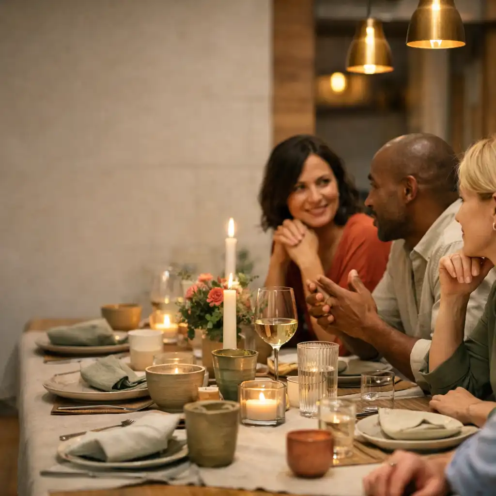 Gäste im persönlichen Gespräch an einem elegant gedeckten Abendtisch