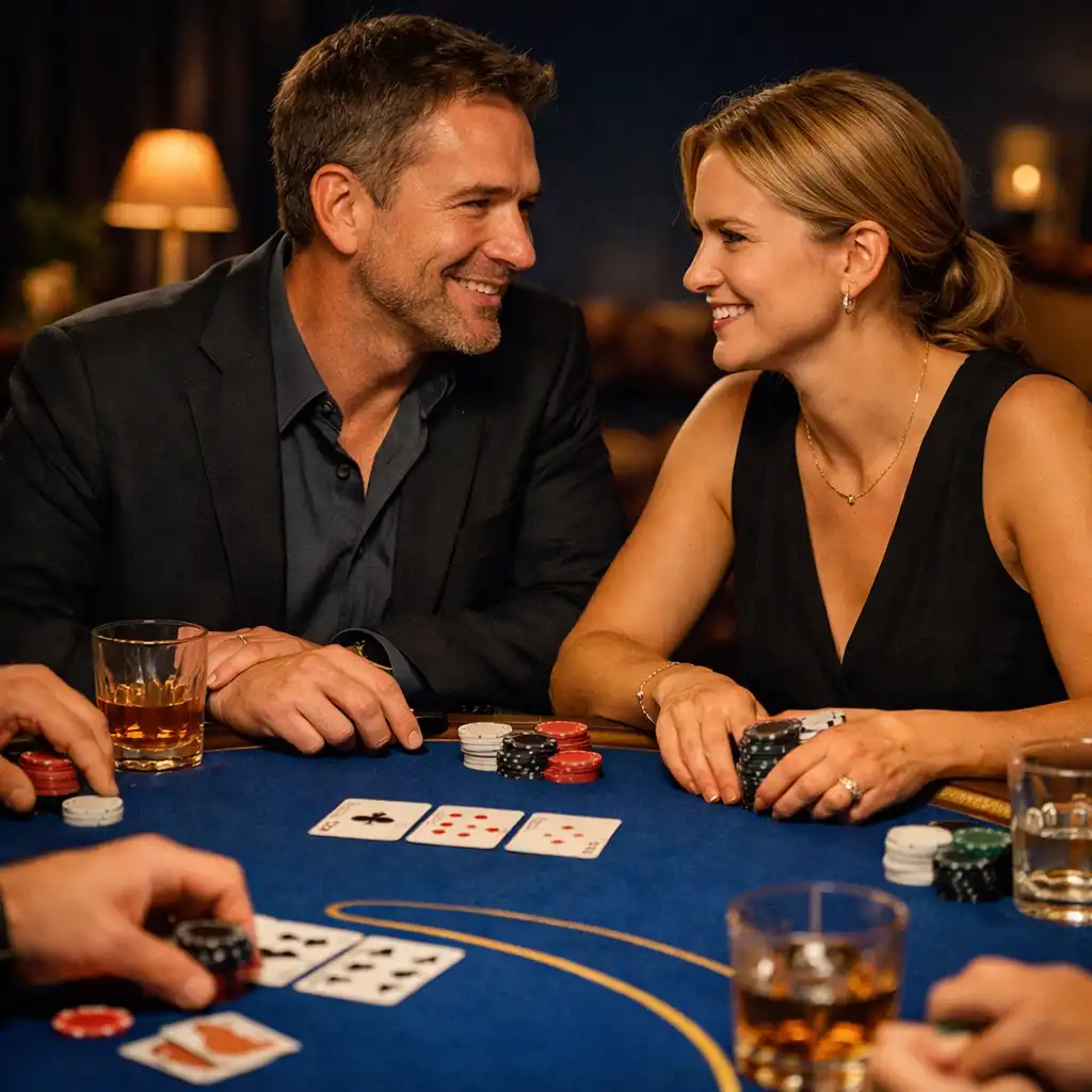 Kleine Blackjack-Tischrunde mit Karten, Händen und direktem Blickkontakt