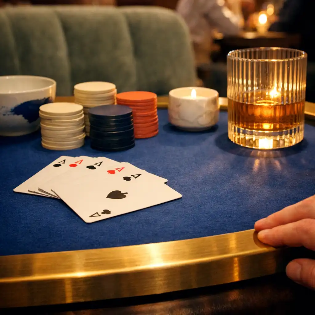 Detail eines Casino-Lounge-Tischs mit blauem Filz, Karten und Messingkante