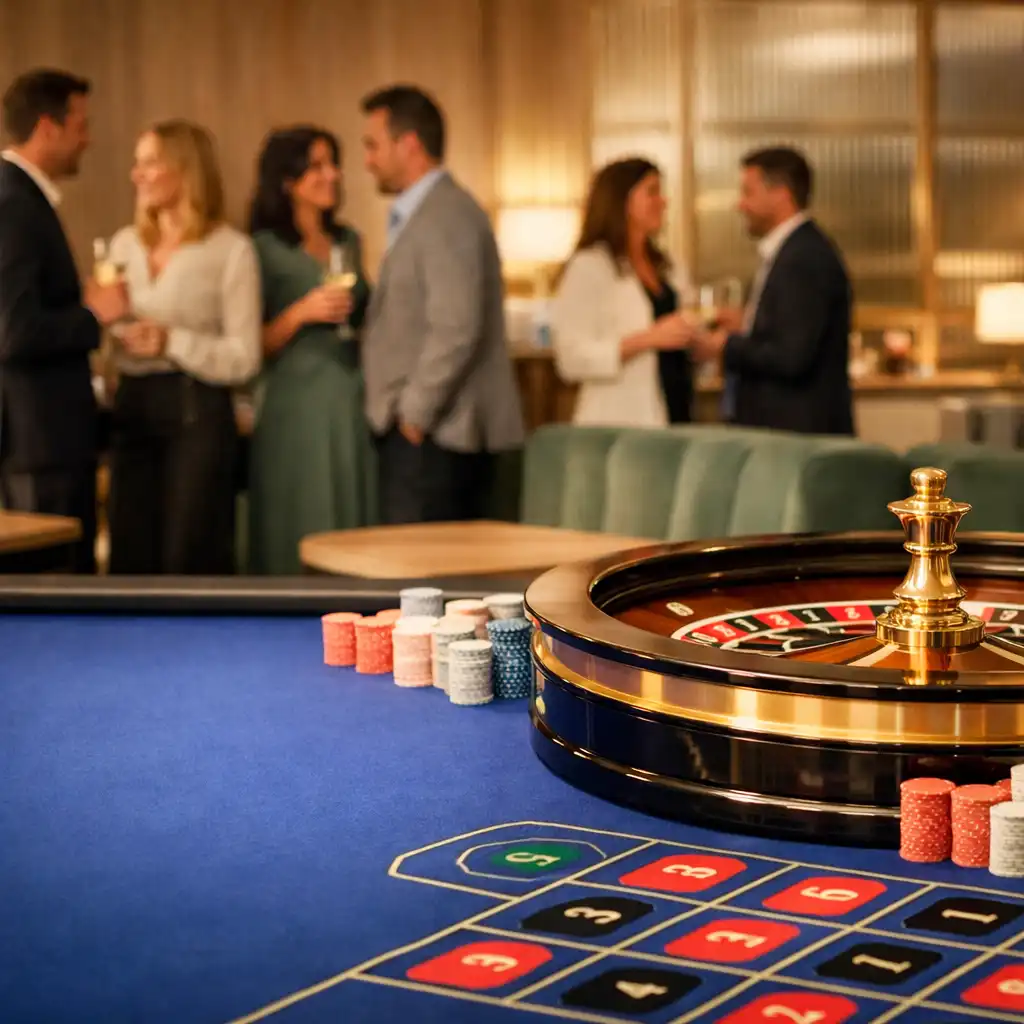 Roulette-Tisch in einer warm beleuchteten Casino-Lounge mit Gästen im Gespräch
