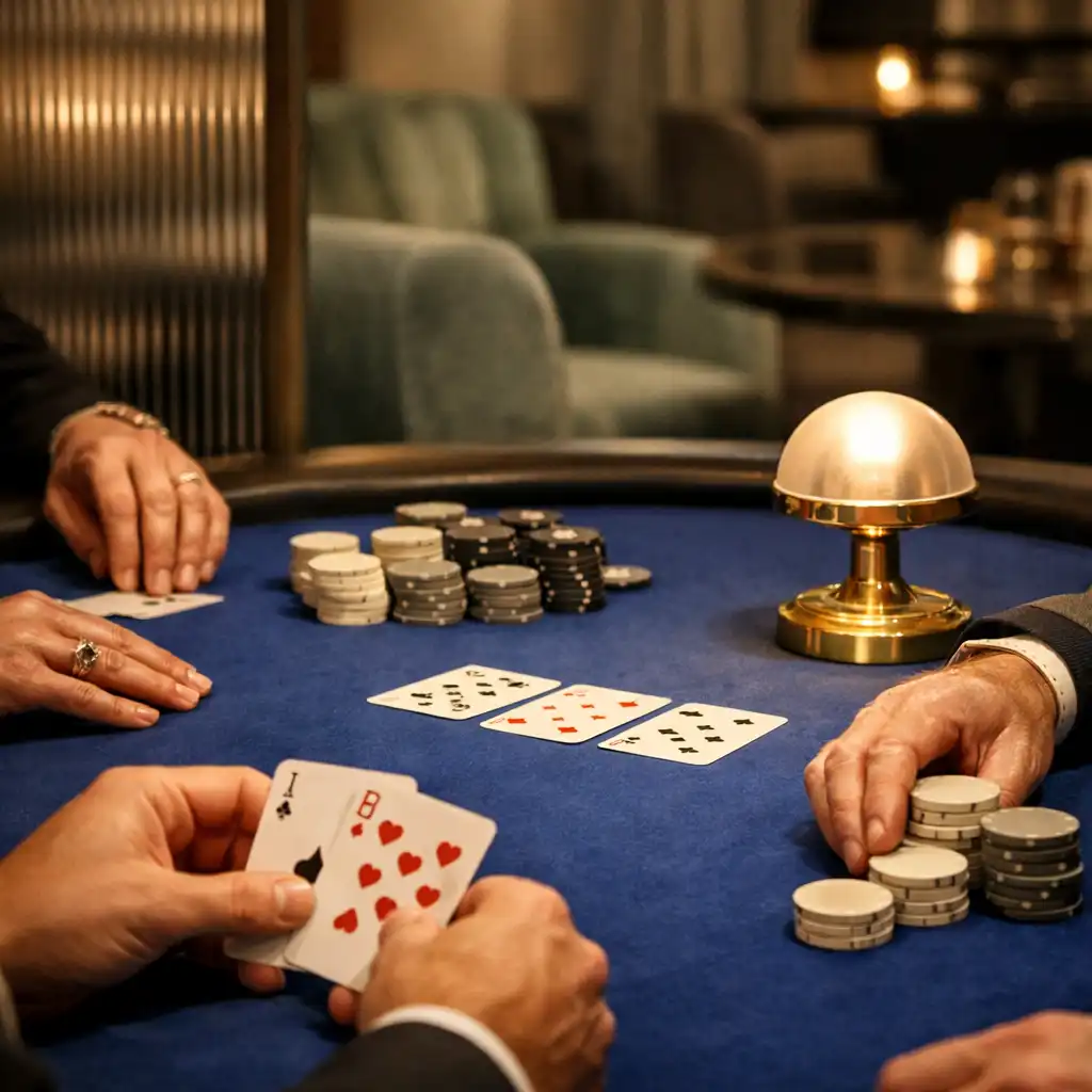 Hände von Gästen an einem kobaltblauen Pokertisch in einer stilvollen Lounge