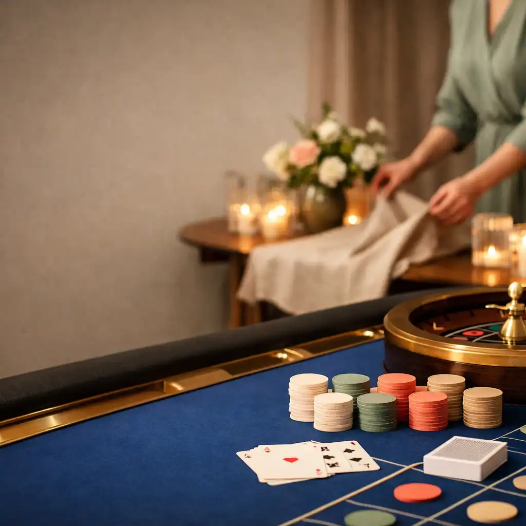 Vorbereiteter Spieltisch mit Leinen, Glas und Messingdetails in einer eleganten Eventumgebung