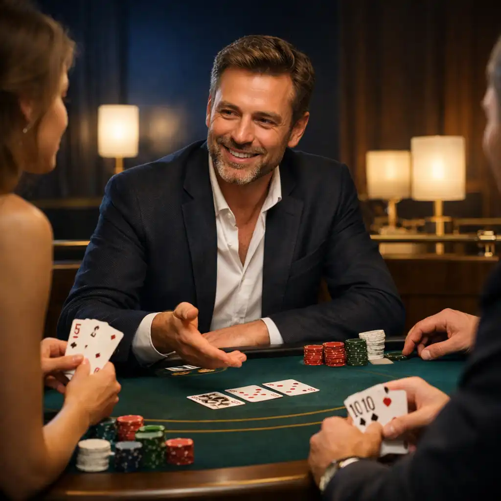 Direkte Interaktion und Blickkontakt an einem eleganten Blackjack-Tisch