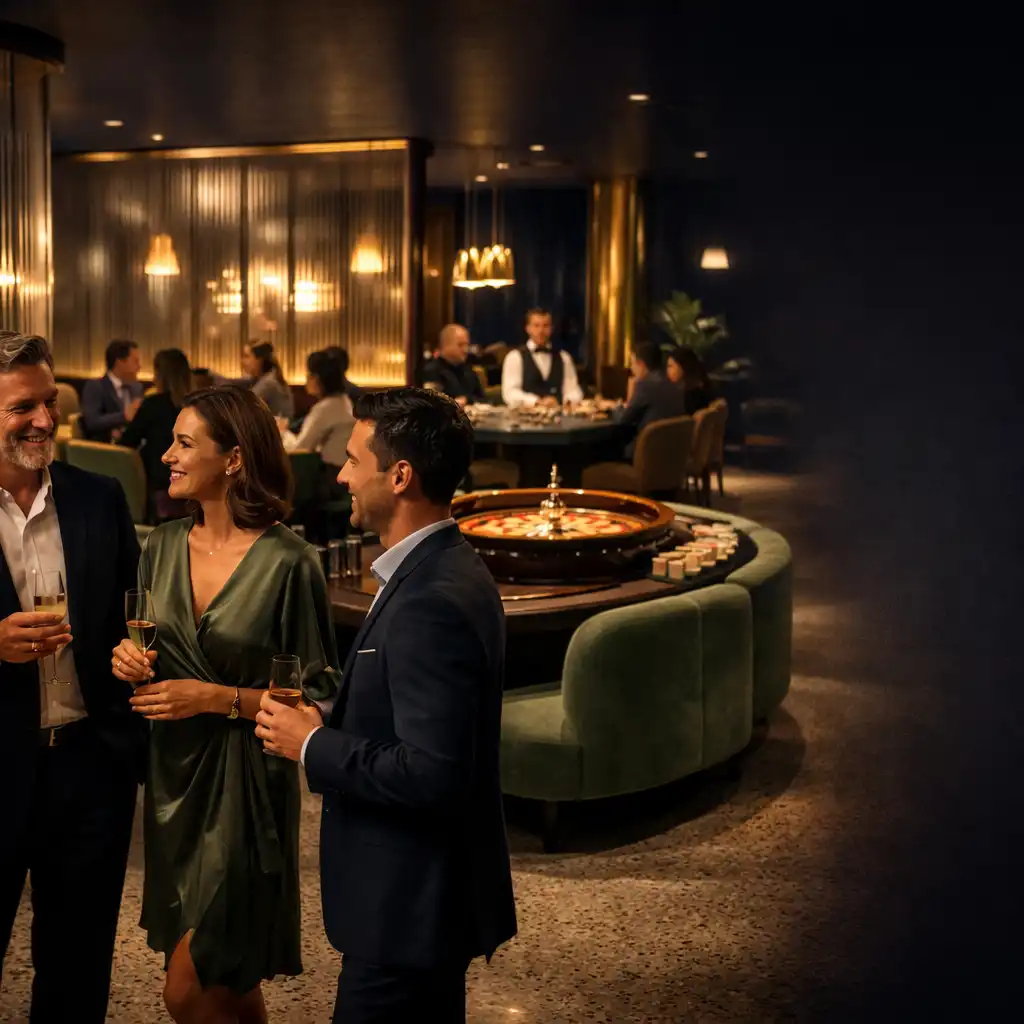 Gruppe in einer warm beleuchteten Casino-Lounge mit Roulette- und Pokertisch im Hintergrund
