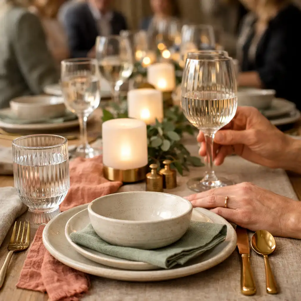 Gedeckte Dinner-Tafel mit Naturleinen, Keramik und Messingdetails bei einem Firmenevent