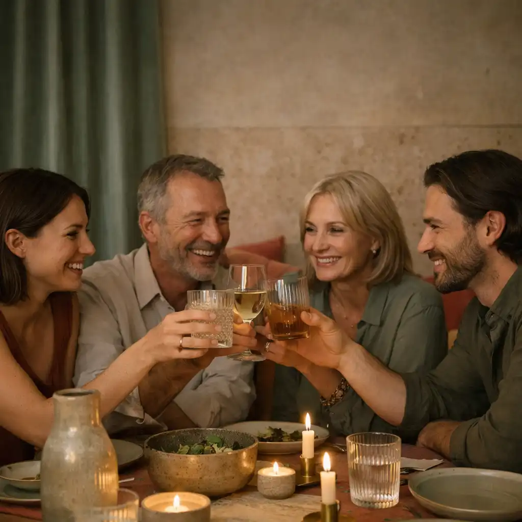 Freunde stoßen bei einer persönlichen Geburtstagsfeier an einer warm beleuchteten Tafel an