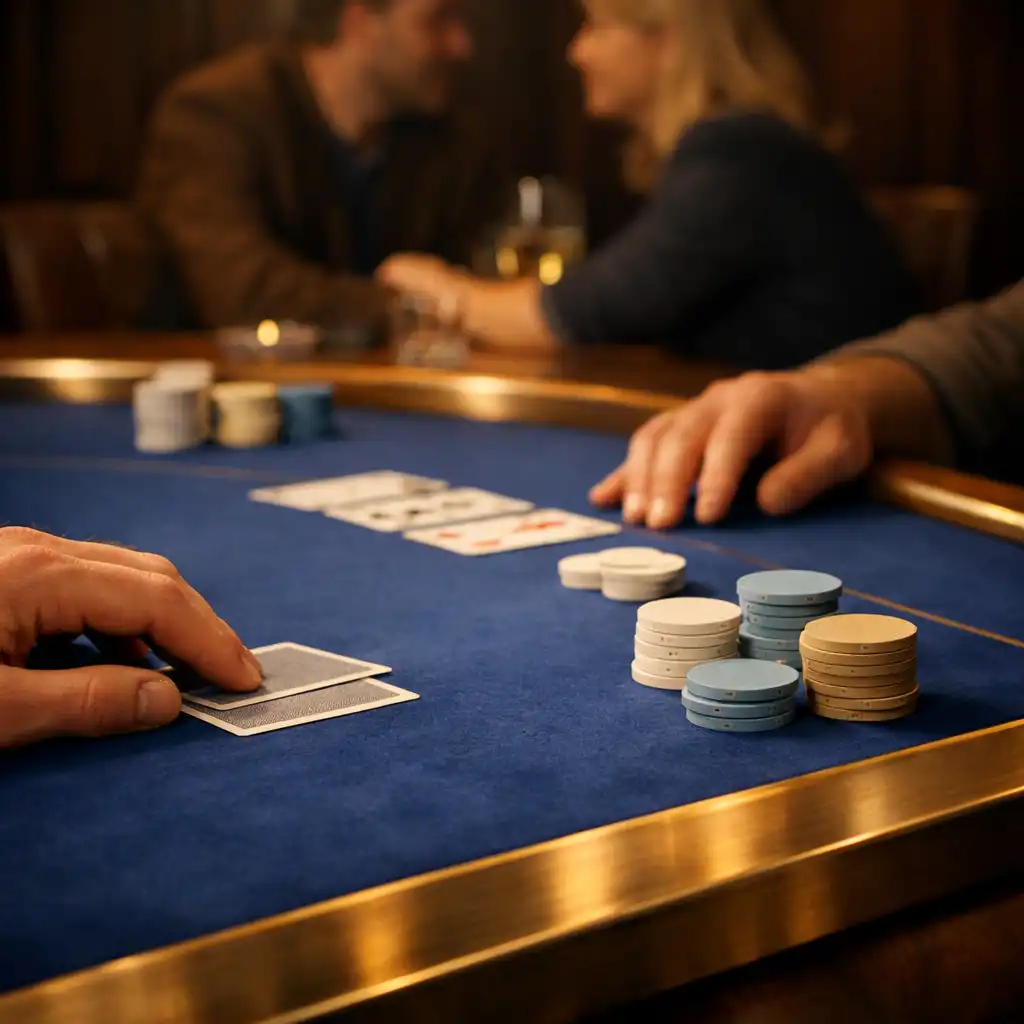 Hände, Spielkarten und neutrale Chips an einem eleganten Pokertisch