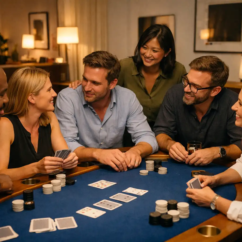 Gemischtes Team im Gespräch an einem eleganten Pokertisch mit kobaltblauem Filz