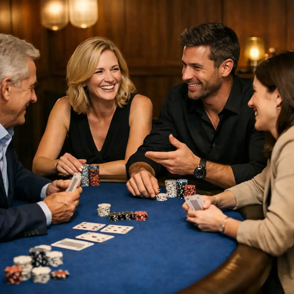 Vier Gäste an einem eleganten Pokertisch im persönlichen Gespräch