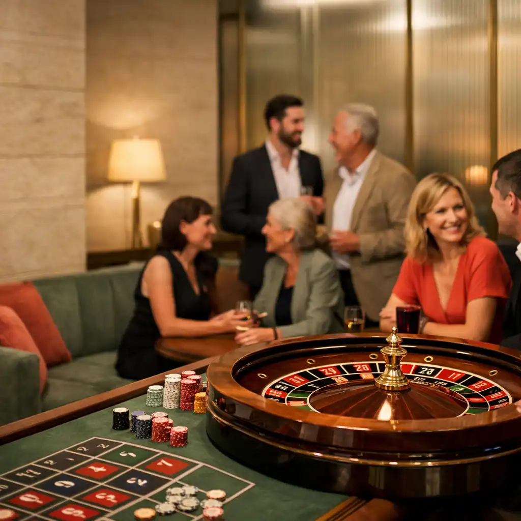 Roulette-Rad als Mittelpunkt einer stilvollen Lounge mit Gästen